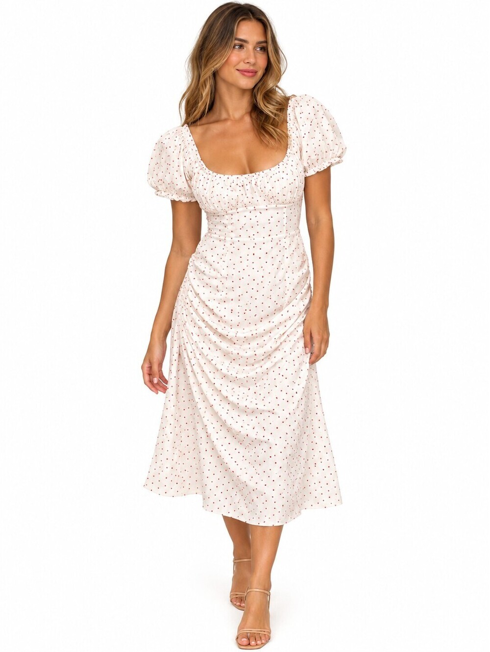 Wild Fable XXL White Polka Dot Puff Sleeve Midi Dress with Ruched Detail
